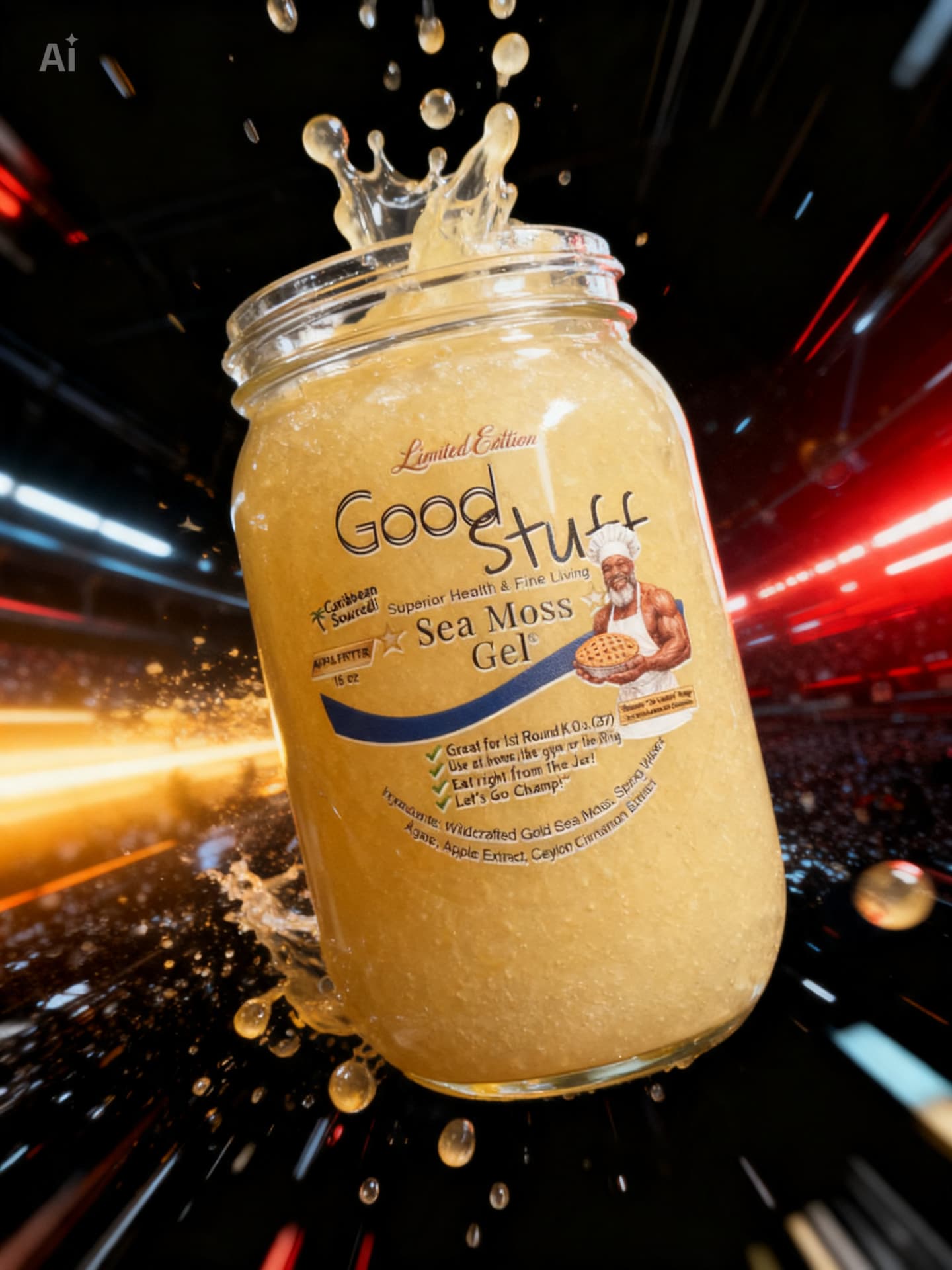 AI-generated promotional render of the Good Stuff Sea Moss Gel jar splashing in a dark arena with red and gold lights