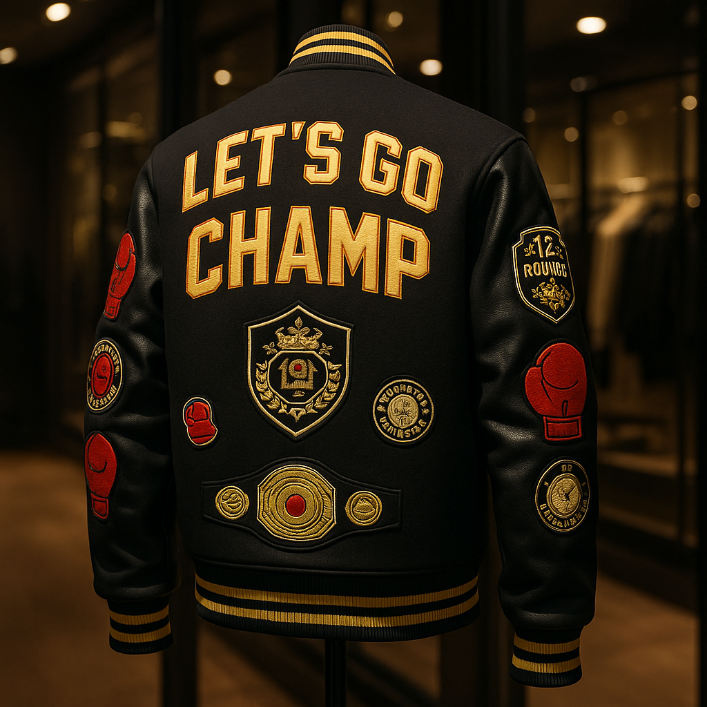 Black leather varsity jacket concept, back view: LET'S GO CHAMP lettering, championship-belt patch, boxing-glove and 12-round patches
