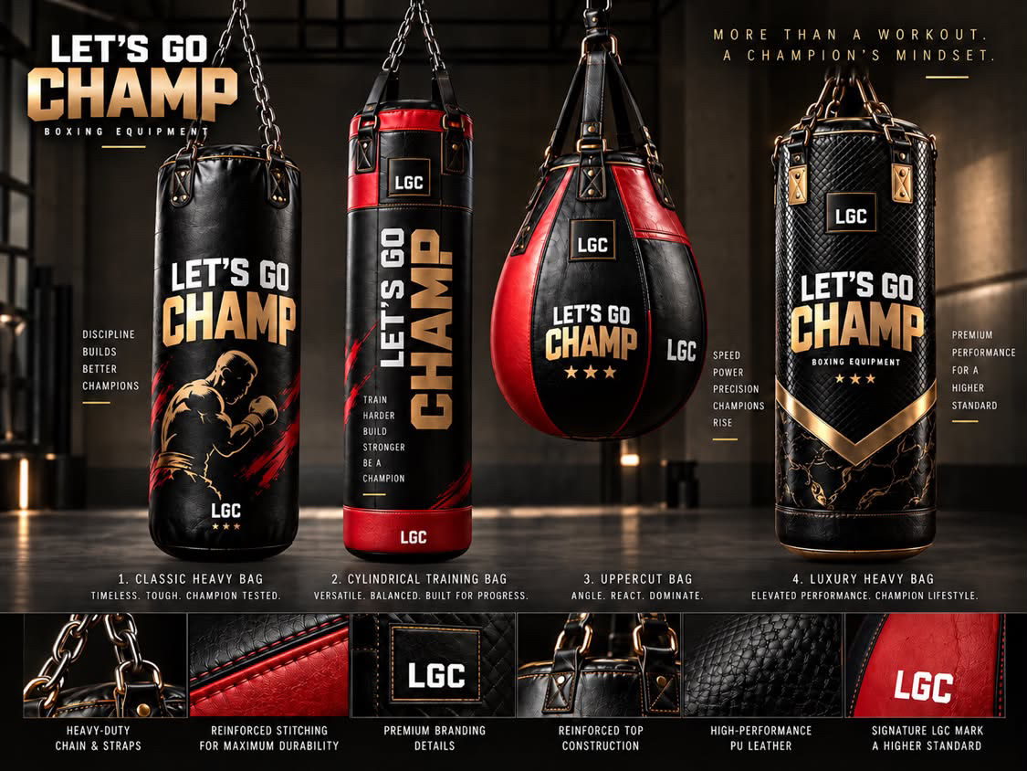 Boxing equipment concept line sheet: four hanging bags shown with close-up panels of chain, stitching, branding and leather