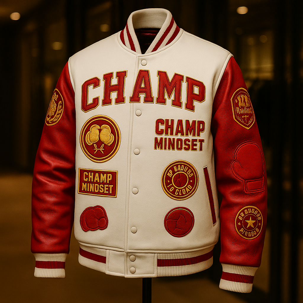 Cream and red varsity jacket concept, front view: CHAMP lettering, Champ Mindset patches, gold glove crest, red leather sleeves