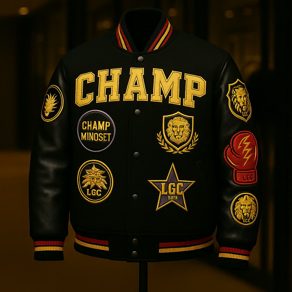 All-black varsity jacket concept, front view: CHAMP arched in gold lettering, lion-head shield crest, star and circular badge patches