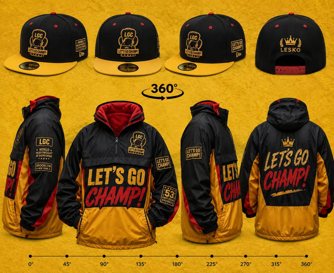 360-degree concept sheet: black and gold snapback cap with LGC boxing-glove crest shown from four angles, and a black, gold and red hooded LET'S GO CHAMP anorak windbreaker shown front, sides and back