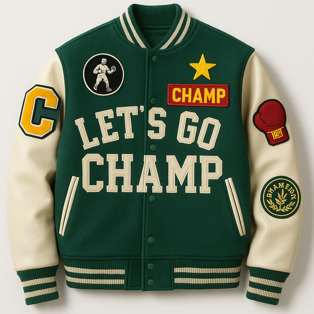 Forest green and cream varsity jacket concept, front view: LET'S GO CHAMP chenille lettering, boxer and star patches, gold chenille letter and glove patch on the sleeves