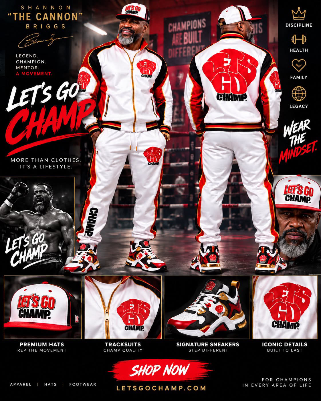 Apparel concept line sheet: white, red and gold tracksuit, matching cap and sneakers shown front and back with detail panels