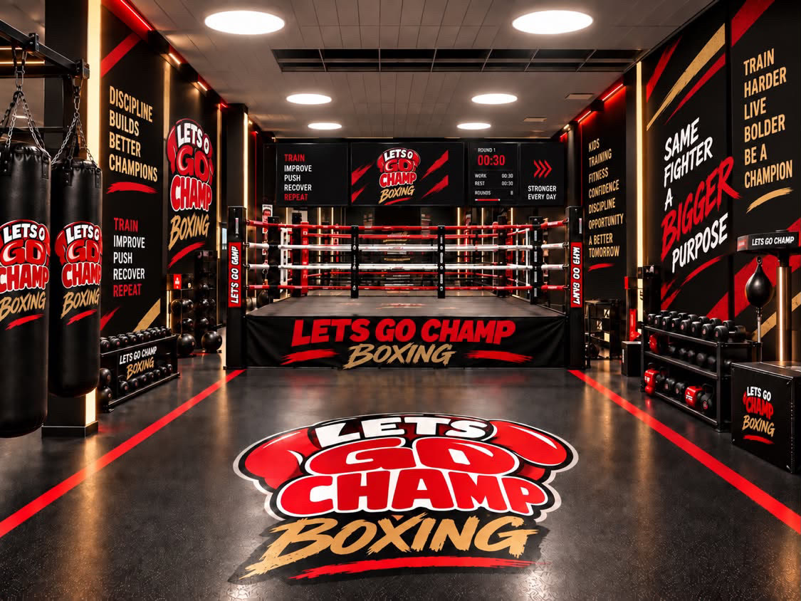 Design concept of a Let's Go Champ center: a walkway leading to a boxing ring framed by motivational wall graphics