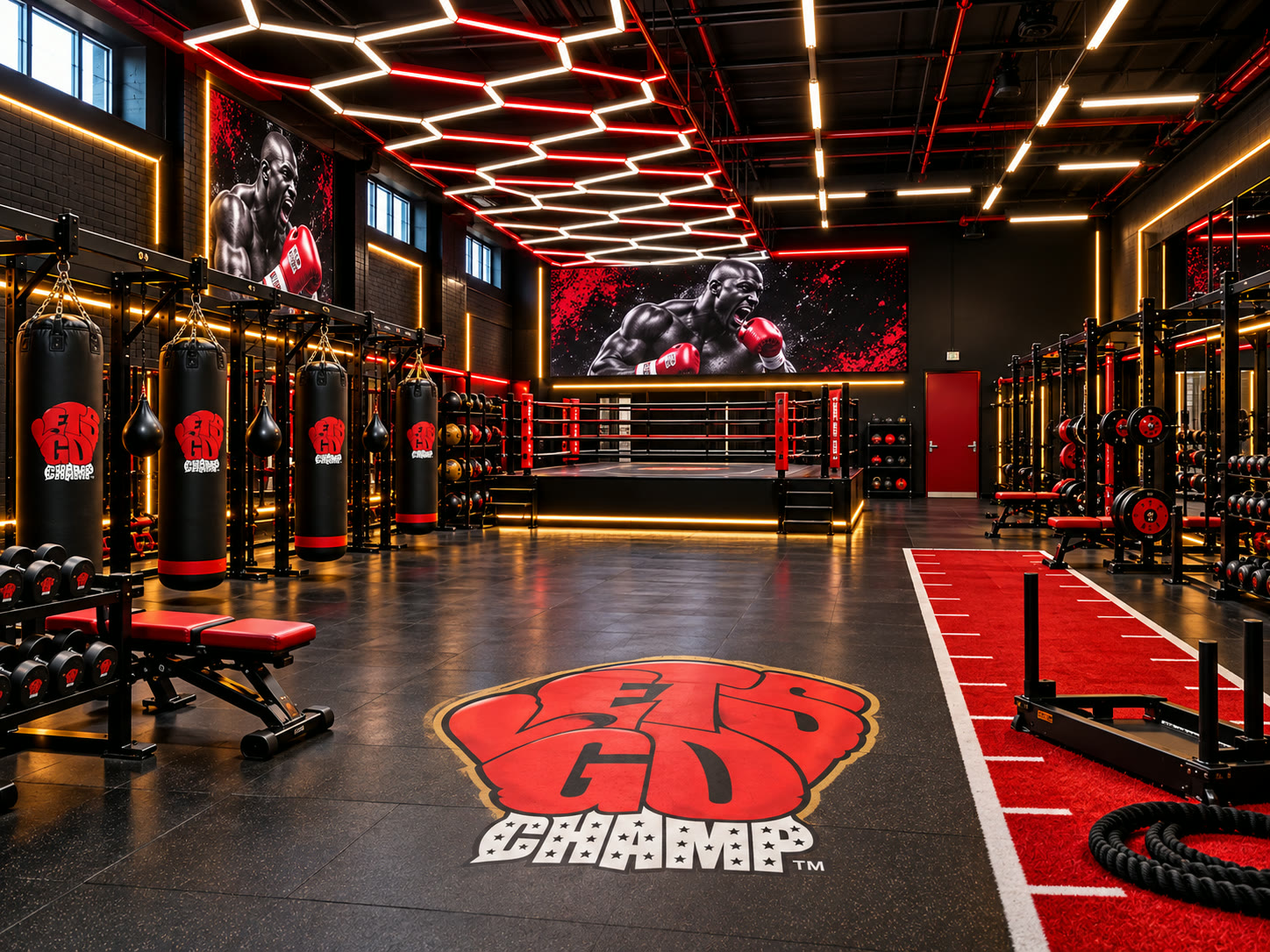 Approved concept rendering of a future LGC gym with boxing bags, ring and red exercise flooring