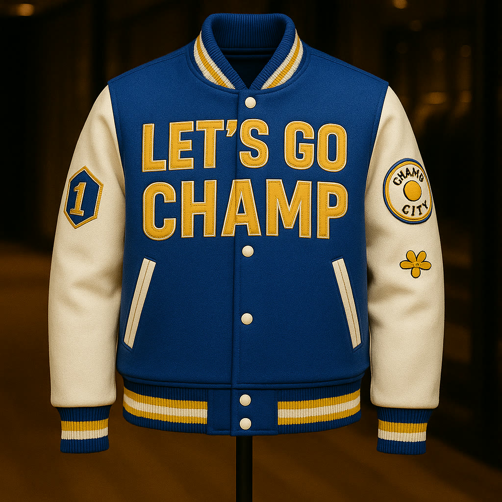 Royal blue and cream varsity jacket concept, front view: LET'S GO CHAMP in gold chenille lettering, number one hexagonal patch and CHAMP CITY roundel on the sleeves