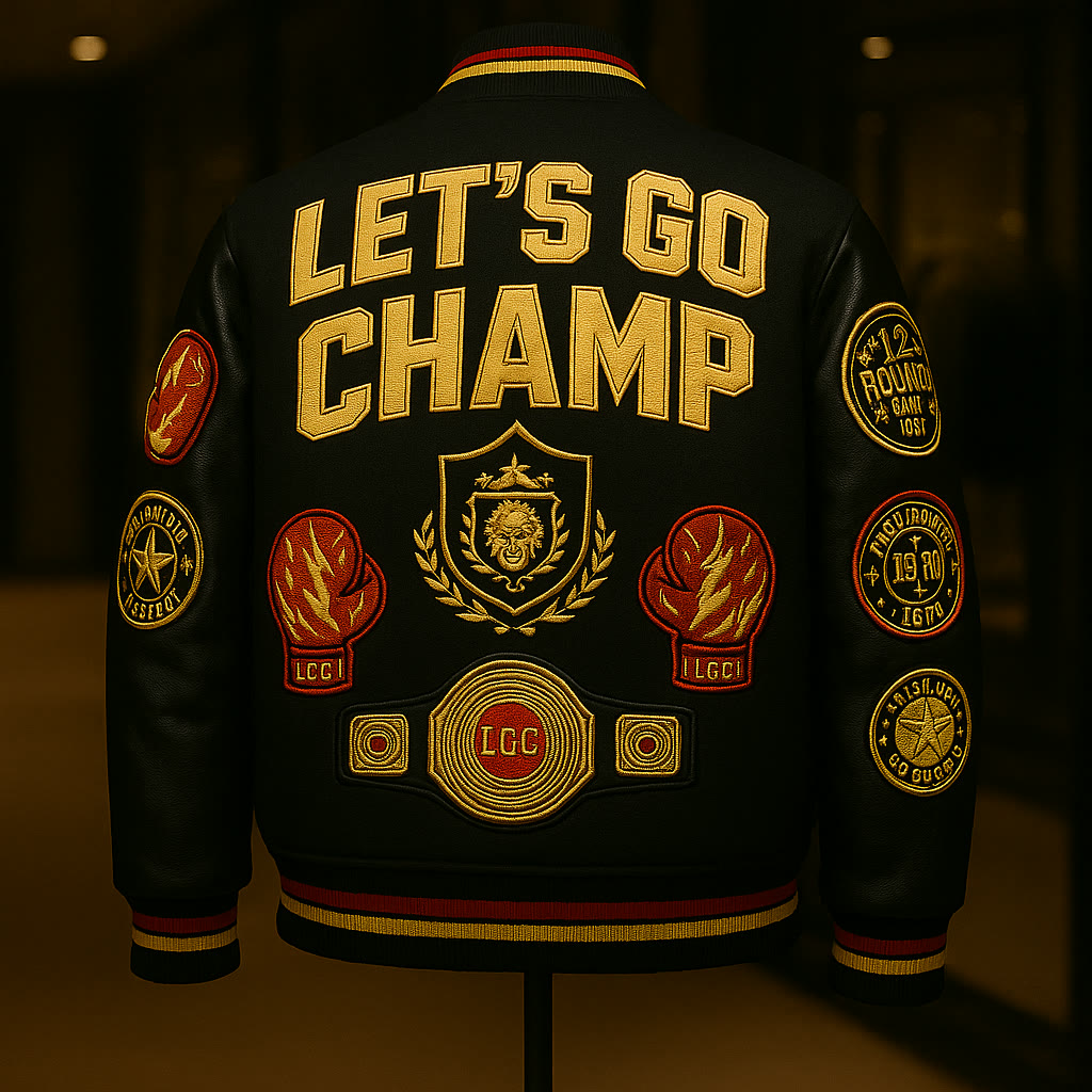 All-black varsity jacket concept, back view: LET'S GO CHAMP lettering, heraldic crest, twin boxing-glove panels and championship-belt patch