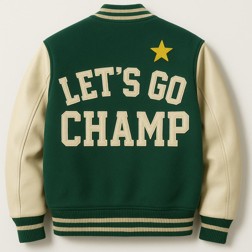Forest green and cream varsity jacket concept, back view: LET'S GO CHAMP lettering with a gold star patch