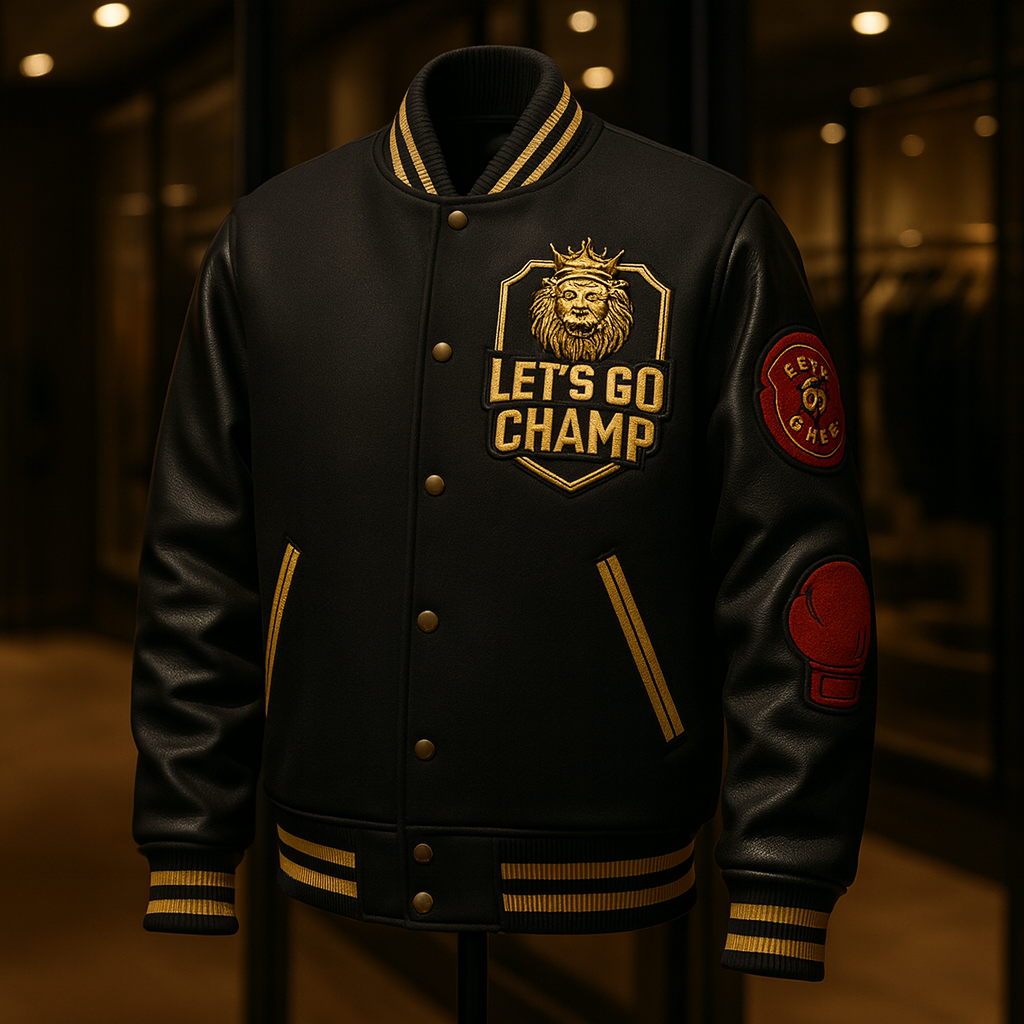 Black leather varsity jacket concept, front view: gold-striped collar and cuffs, embroidered gold lion crest reading LET'S GO CHAMP, red boxing-glove sleeve patches