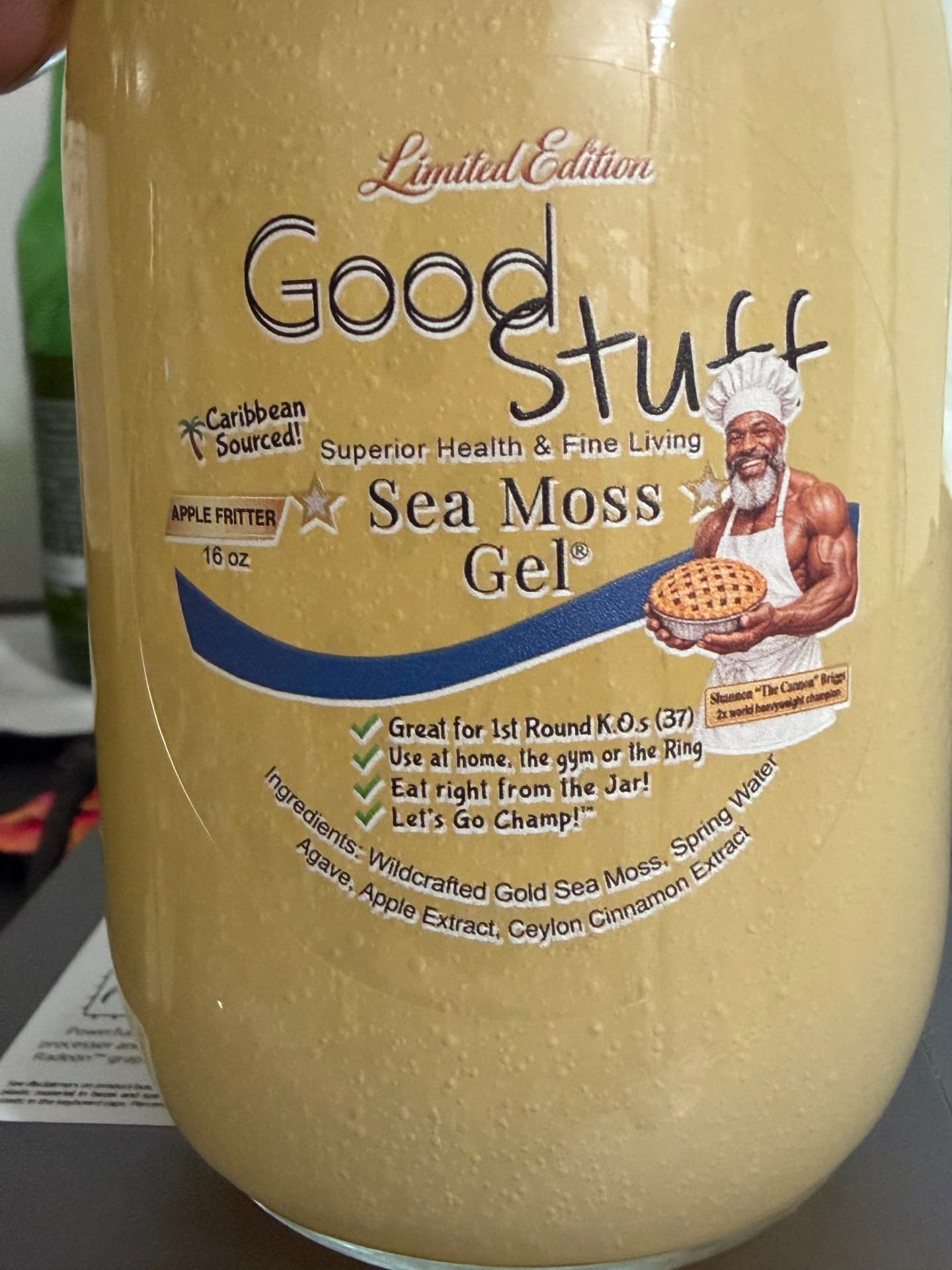 Real 16 oz jar of Limited Edition Good Stuff Sea Moss Gel, Apple Fritter flavor, with Shannon The Cannon Briggs on the label