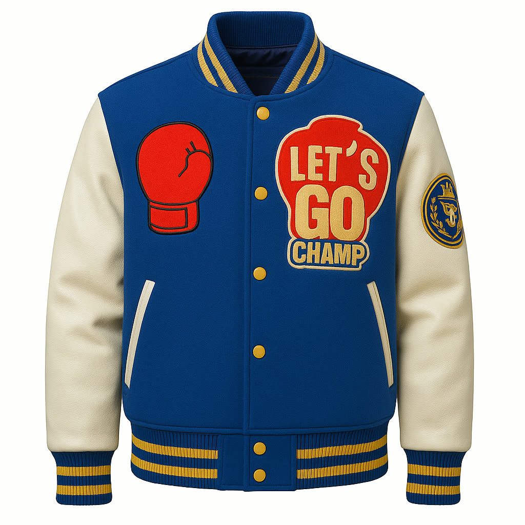 Royal blue and cream varsity jacket concept, front view: red scalloped LET'S GO CHAMP badge, red boxing-glove patch, gold snap buttons
