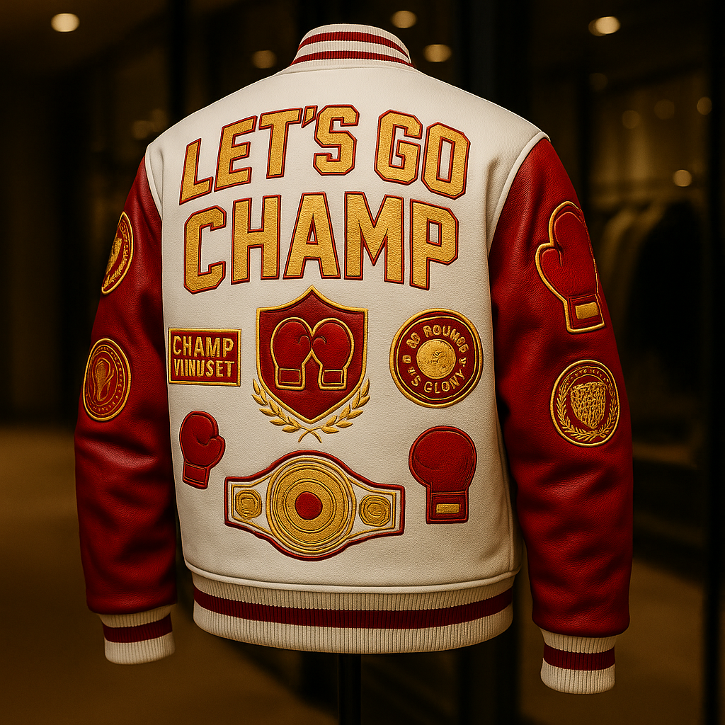 Cream and red varsity jacket concept, back view: LET'S GO CHAMP lettering, championship-belt patch and red glove details